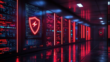 Secure server room with glowing displays and a protective shield graphic
