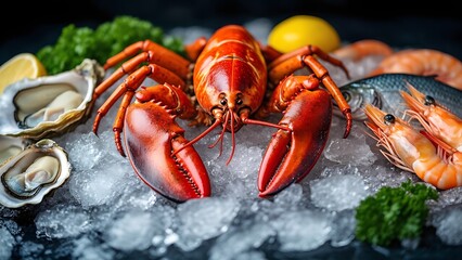 A vibrant assortment of fresh seafood is displayed on ice, showcasing a bright red lobster, various shrimp, oysters, and whole fish.