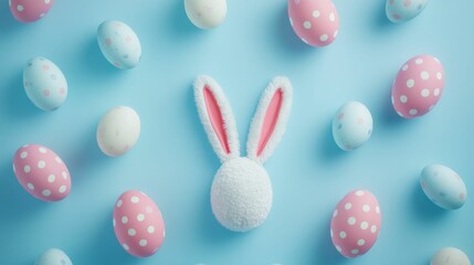 easter decor, easter themed flatlay and accessories, easter eggs, bunny ears on blue background