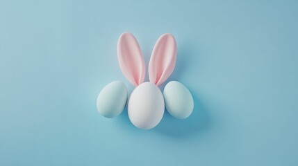 easter decor, easter themed flatlay and accessories, easter eggs, bunny ears on blue background