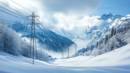 Snow-covered valley with power lines stretching through mountains under a cloudy blue sky
