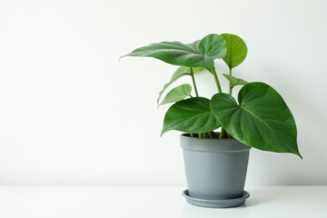Obraz premium Delicate Monstera leaf on a gray pot against white background, greenery, gray pot, large leaf