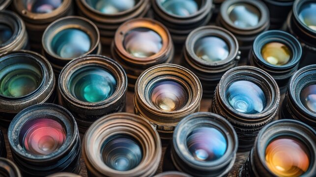 Vintage Camera Lenses Array: A Photographer's Collection Close-Up View