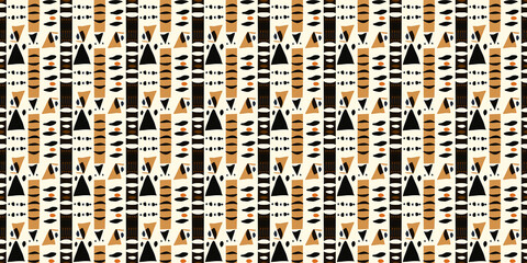 Abstract African art shapes seamless backgrounds, tribal geometric decoration patterns. Colored flat boho symbols illustrations	