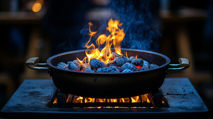 Iron pot with burning charcoal, warm flames, and flying sparks on rustic wood table. Symbolizes warmth, comfort, and coziness in a peaceful environment with a modern bright tone