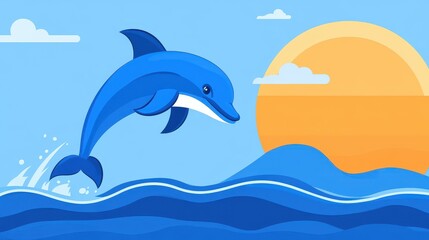 Fototapeta premium A sleek dolphin soars above the waves, embodying modern minimalism with clean lines and vibrant textures in a playful design.