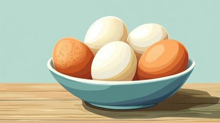 A rustic ceramic bowl filled with fresh farm eggs, set against a cozy kitchen backdrop, embracing the farmtotable lifestyle.