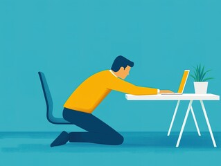 Fototapeta premium A man kneels at a desk, working on a laptop, with a potted plant nearby, set against a bright blue background.