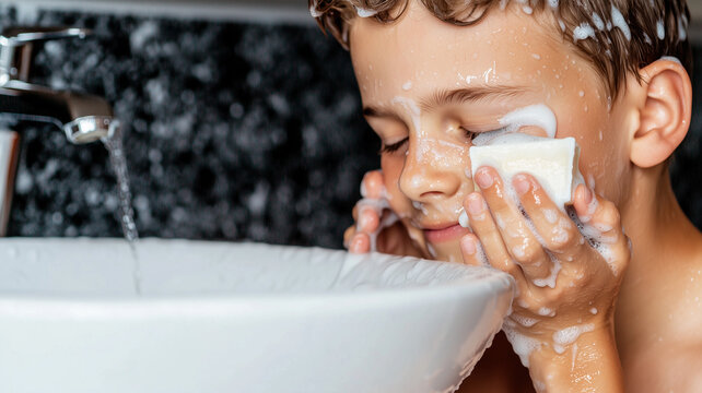Teen boy washing face at bathroom sink
