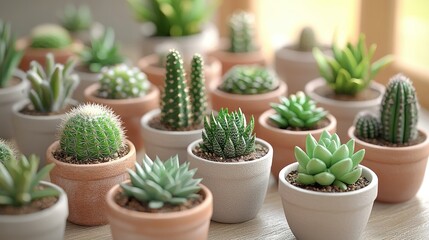 Small succulents and cacti in terracotta pots on a light wooden surface, sunlight streaming in