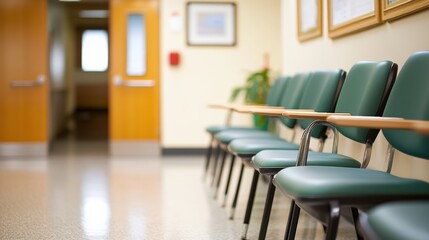 Clean and Modern Waiting Room Interior with Green Chairs, Natural Light and Warm Wood Accents in a Healthcare Facility for Patient Comfort and Accessibility