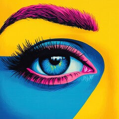A vibrant, artistic depiction of an eye, featuring bold colors like blue, pink, and yellow, emphasizing detail and creativity.
