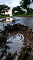 Fototapeta premium Pothole filled with water on rural road 