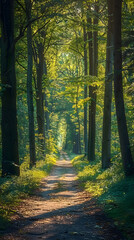 Obraz premium Serenity in Nature: A Tranquil Forest Path Illuminated by Dappled Sunlight, Inviting Exploration and Reflection