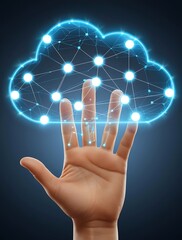 A glowing digital cloud symbol hovering above a human hand, connected by a network of data points, representing cloud computing, technology, and innovation in the digital age

