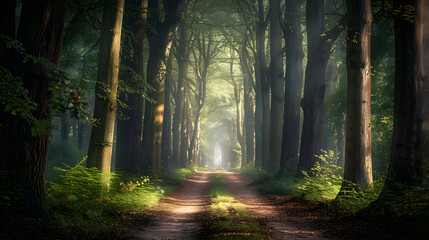 Fototapeta premium Serenity in Nature: A Tranquil Forest Path Illuminated by Dappled Sunlight, Inviting Exploration and Reflection