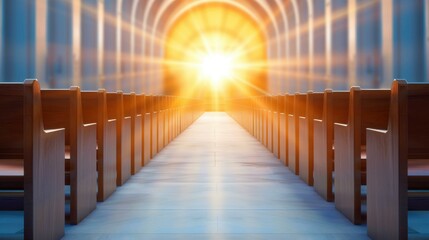 Obraz premium Soft sunlight streams through stained glass, illuminating the wooden pews in a serene and peaceful church atmosphere.