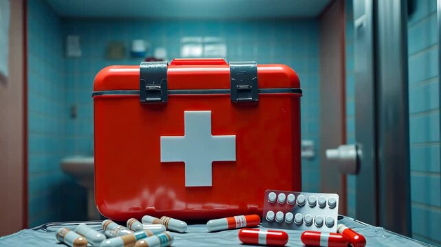 Red first aid kit with pills and blister packs on hospital table, highlighting emergency allergy preparedness