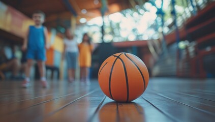 Obraz premium Basketball on the Court, Blurry Children Playing in Background