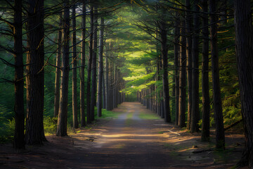 Fototapeta premium Serenity in Nature: A Tranquil Forest Path Illuminated by Dappled Sunlight, Inviting Exploration and Reflection