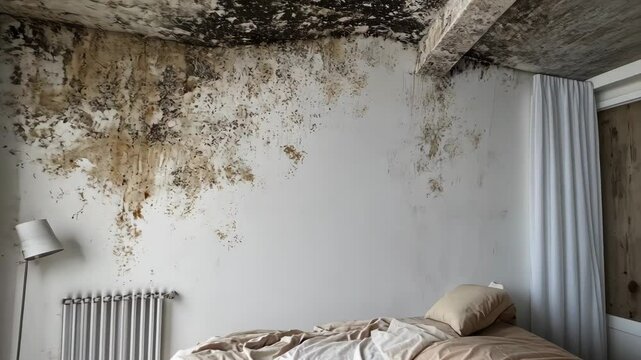Moldy room interior with peeling paint on ceiling, radiator, curtains, and bed, highlighting allergy concept