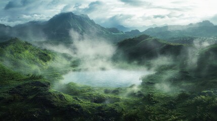Obraz premium Misty mountain lake, lush valley, sunrise. Background clouds, hills. Use landscape, travel