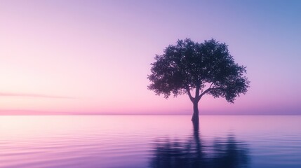 Obraz premium Solitary tree in calm sea at sunrise, peaceful scene, nature background, ideal for meditation or tranquility themes