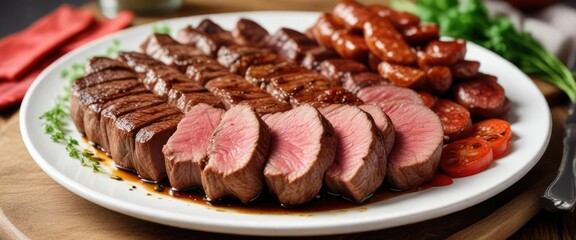 Pan-seared steak with sliced Argentinian chorizos on a plate , restaurant cuisine, dinner dish