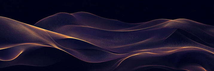 Obraz premium A dark purple background with flowing golden lines and silky textures creates an elegant abstract scene, with swirling patterns adding depth and sophistication.