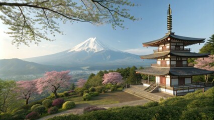 Peace Pagoda's tranquil atmosphere surrounded by Mt Fuji's lush greenery in spring, Nature Walk, Peaceful Atmosphere, Sacred Site, Shaded Oasis