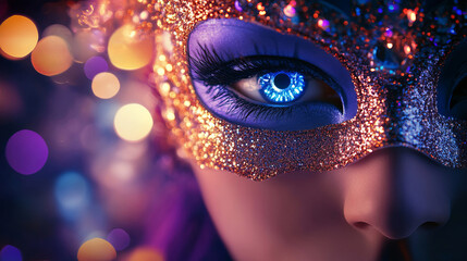A masquerade ball poster featuring an elegant mask at the center, surrounded by shimmering lights and festive decorations, with a mysterious figure in sequins adding to the intrigue.