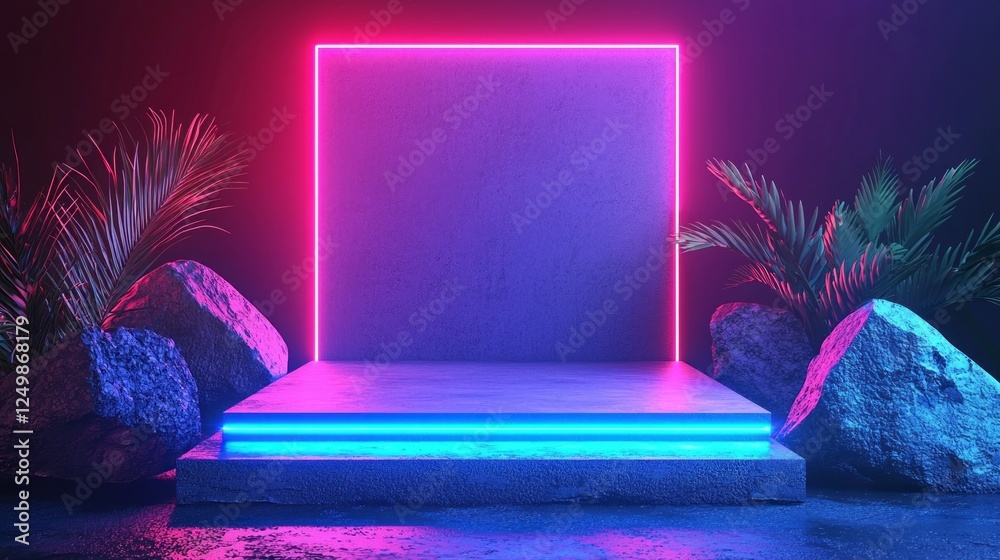 Poster An empty showcase features glowing geometric shapes with a vivid neon backdrop, complemented by natural stones and tropical plants, ideal for presentations of modern gadgets