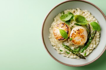 Pan seared scallops served over asparagus risotto with basil