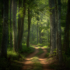 Fototapeta premium Serenity in Nature: A Tranquil Forest Path Illuminated by Dappled Sunlight, Inviting Exploration and Reflection
