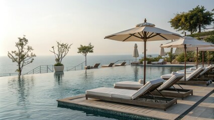 Obraz premium Pool with floating sun loungers and umbrellas, serene, summer, warm weather, high-end