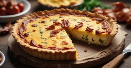 Quiche filled with melted cheese and crispy fried bacon, dinner option, crispy bacon, morning meal