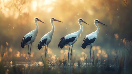 Fototapeta premium Four storks standing in shallow water at sunrise, backlit by golden light, serene nature scene.