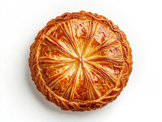 A golden-brown galette des rois with a flaky crust, beautifully presented on a white background, celebrating a traditional pastry with a crisp texture and an elegant, minimalist composition.