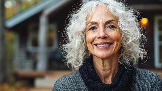A joyful mature woman embraces the peace of a forest cabin, enjoying a serene nature retreat among the trees.