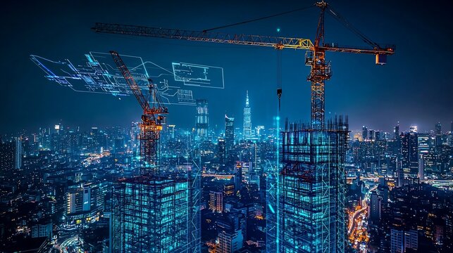 Night cityscape with construction cranes and digital blueprints overlay.