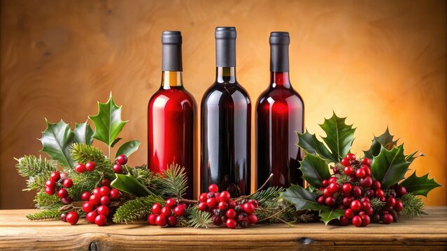 Richly colored wine bottles with festive holly and red berries, holly, holidays, redberries