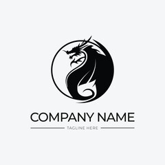 dragon logo with circle in retro style, dragon tattoo and dragon vector, black and white color