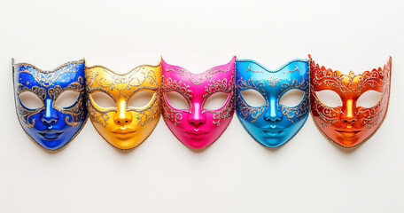 Five elegant masquerade masks in an array of vibrant colors and intricate designs, neatly arranged in a row on a crisp white background, perfect for themed events, invitations, and festive decor.