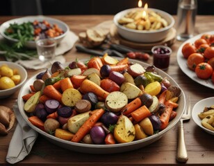 Roasted vegetables on a Thanksgiving dinner table, nutritious eating, farm fresh, healthy side dishes