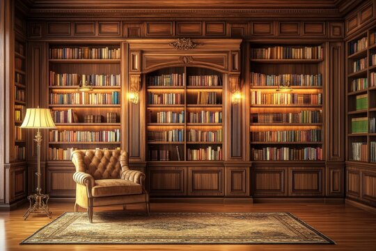 Elegant and Cozy Library Interior Featuring Classic Wooden Shelves Filled with Books, a Luxurious Armchair, and Soft Lighting for a Warm Atmosphere