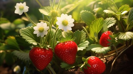 Vibrant strawberry patch exhibiting luscious berries and delicate blossoms
