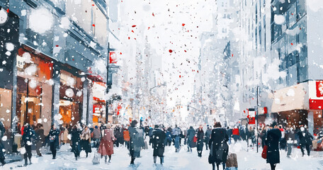 Obraz premium A lively city street filled with elegantly dressed people celebrating the holiday season, with confetti falling from the sky and a soft white winter palette adding a magical touch.