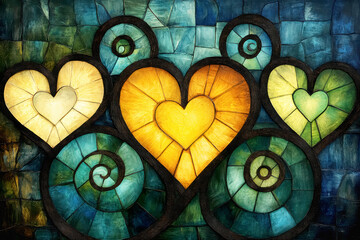 A captivating mosaic of hearts in gold, teal, and green hues, creating a visually stunning and symbolic artwork.