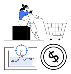 Woman sitting with smartphone near shopping cart, data graph with target, and dollar coin symbol. Ideal for e-commerce, financial trends, shopping behavior, analytics, budgeting, investment abstract