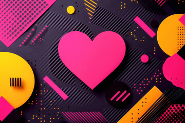 Obraz premium A vibrant pink heart pops against a backdrop of bold, geometric shapes in contrasting colors